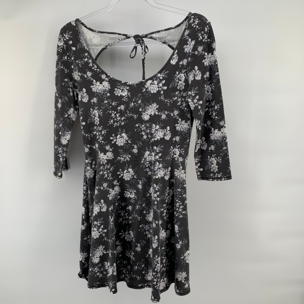 Black Floral Open Back Skater Dress Tie Back Boho Cottagecore Fall S